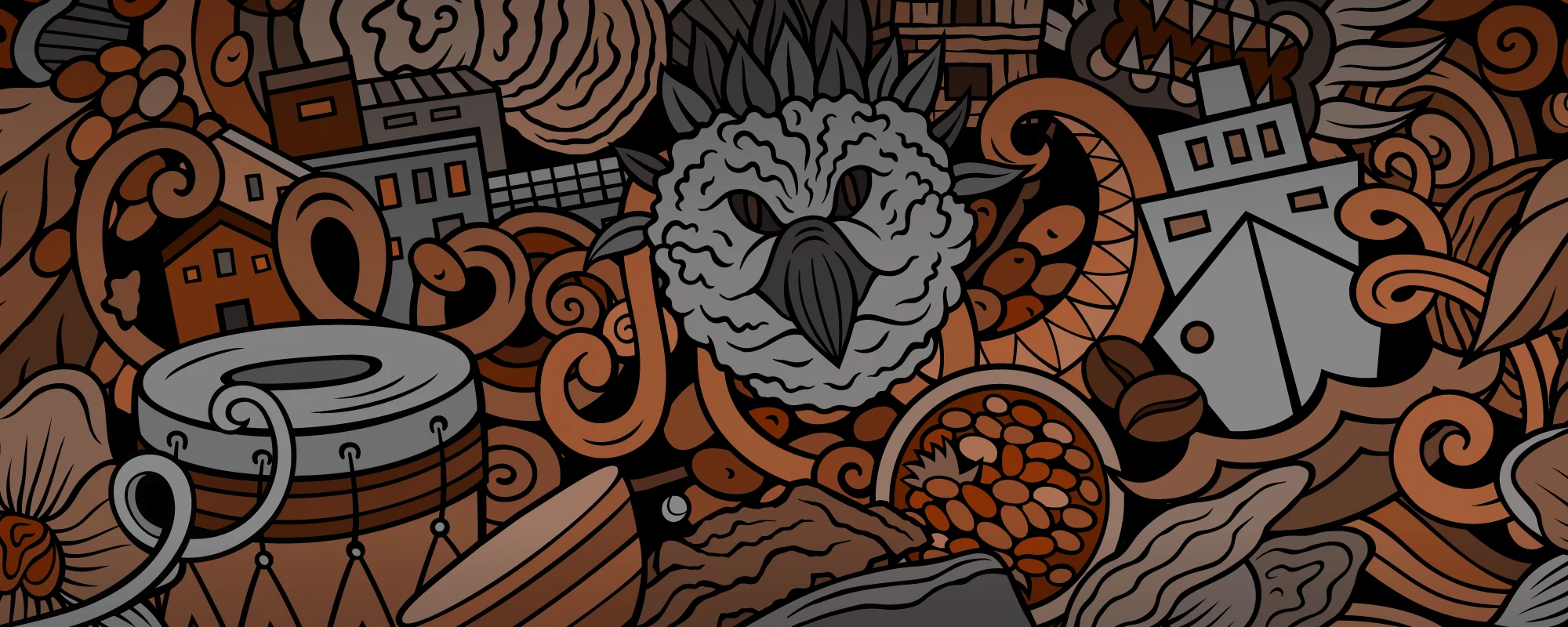 Ilustración de la cultura panameña: águila harpía, café, el canal y tambores típicos